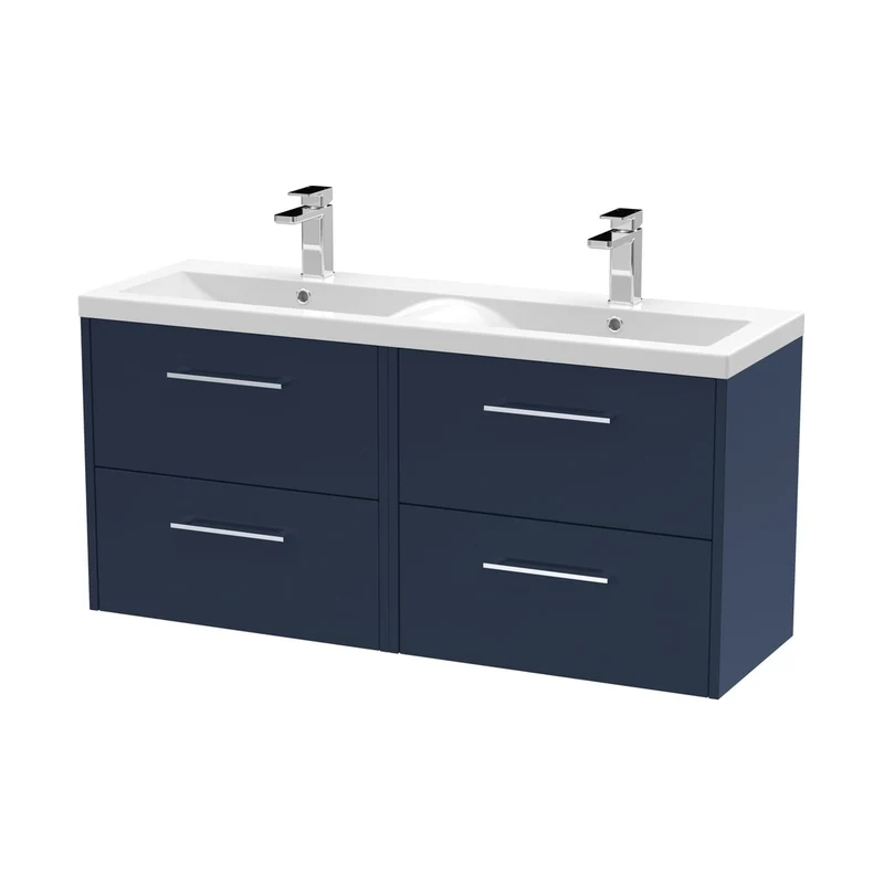 Hudson Reed Juno 1200mm Wall Hung 4-drawer Vanity & Double Basin Contemp Midnight Blue MFC Painted Matt 579x1205x385mm - JNU2924F