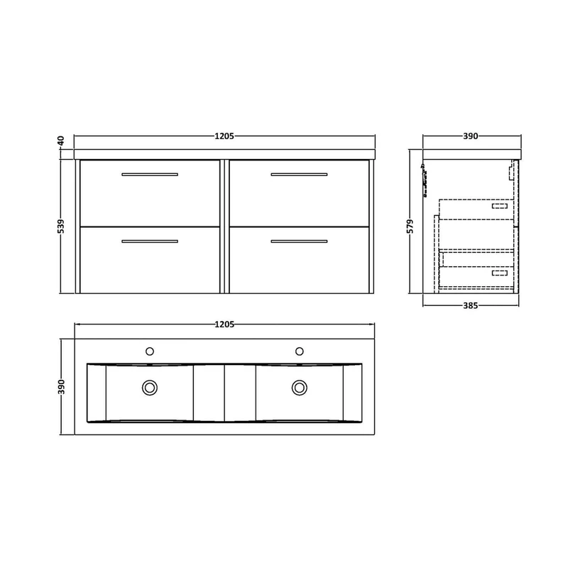 Hudson Reed Juno 1200mm Wall Hung 4-drawer Vanity & Double Basin Contemp Midnight Blue MFC Painted Matt 579x1205x385mm - JNU2924F