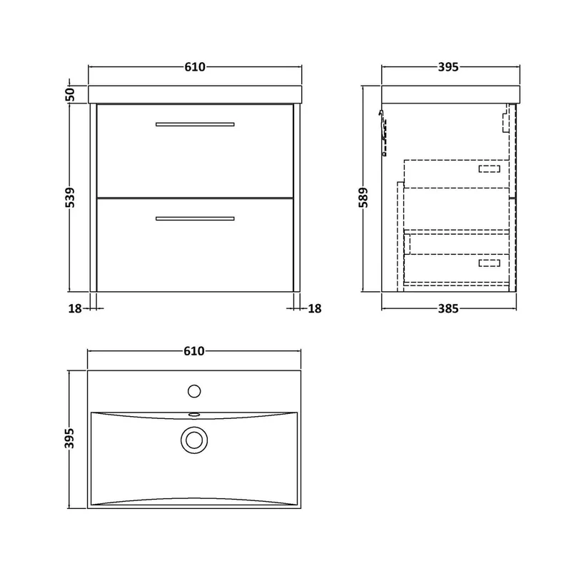 Hudson Reed Juno 600mm Wall Hung 2-drawer Vanity & Basin 3 Contemp Midnight Blue MFC Painted Matt 589x610x395mm