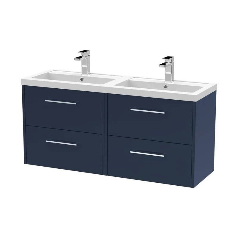 Hudson Reed Juno 1200mm Wall Hung 4-drawer Vanity & Double Basin Contemp Midnight Blue MFC Painted Matt 579x1205x385mm - JNU2924C
