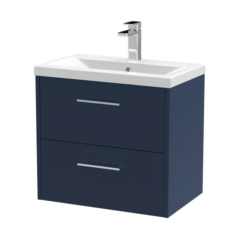 Hudson Reed Juno 600mm Wall Hung 2-drawer Vanity & Basin 1 Contemp Midnight Blue MFC Painted Matt 579x610x390mm