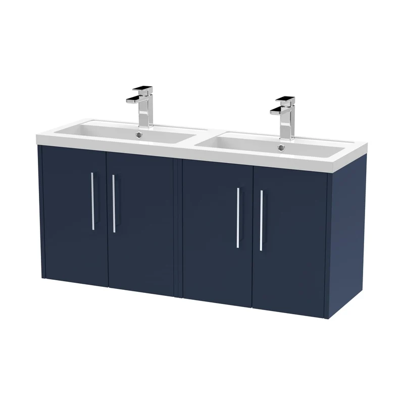 Hudson Reed Juno 1200mm Wall Hung 4-door Vanity & Double Basin Contemp Midnight Blue MFC Painted Matt 579x1205x385mm - JNU2923C