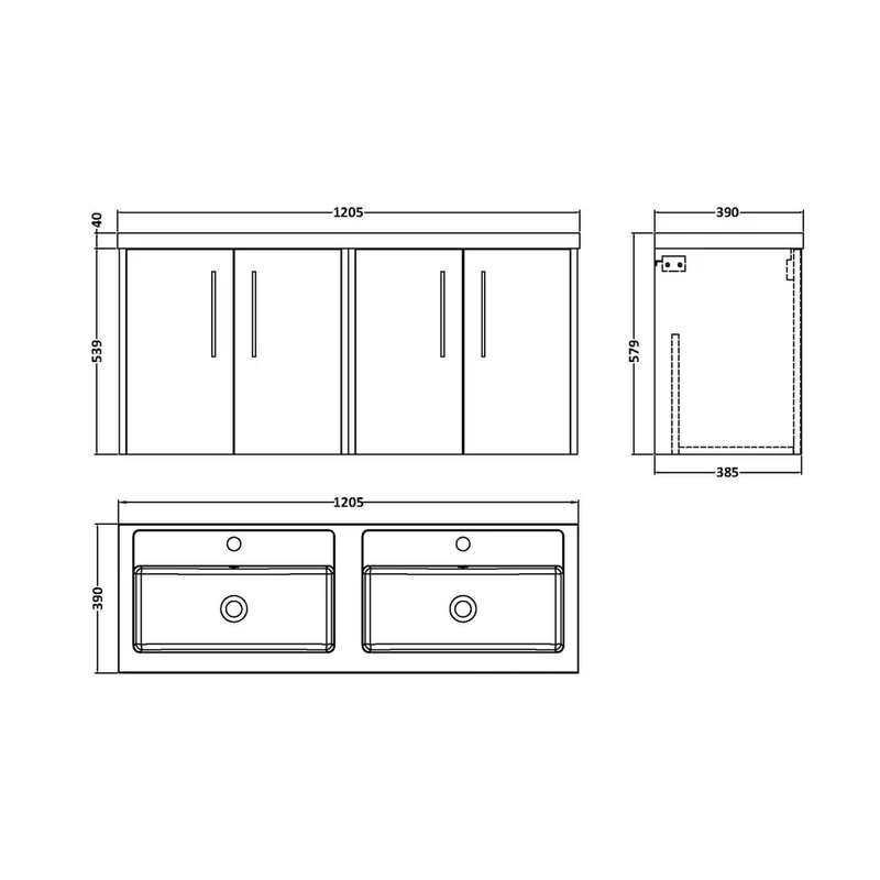 Hudson Reed Juno 1200mm Wall Hung 4-door Vanity & Double Basin Contemp Midnight Blue MFC Painted Matt 579x1205x385mm - JNU2923C