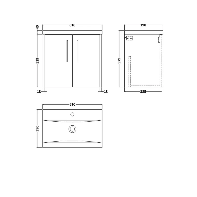 Hudson Reed Juno 600mm Wall Hung 2-door Vanity & Basin 1 Contemp Midnight Blue MFC Painted Matt 579x610x390mm