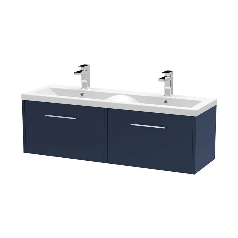 Hudson Reed Juno 1200mm Wall Hung 2-drawer Vanity & Double Basin Contemp Midnight Blue MFC Painted Matt 399x1205x385mm - JNU2922F