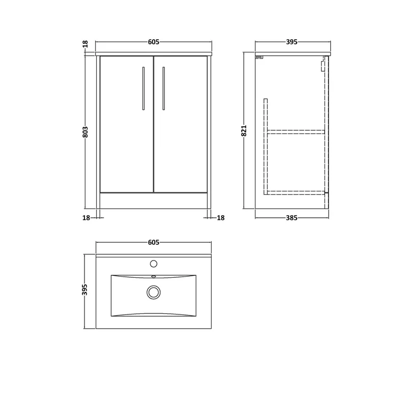 Hudson Reed Juno 600mm Floor Standing 2-door Vanity & Basin 2 Contemp Midnight Blue MFC Painted Matt 821x600x390mm