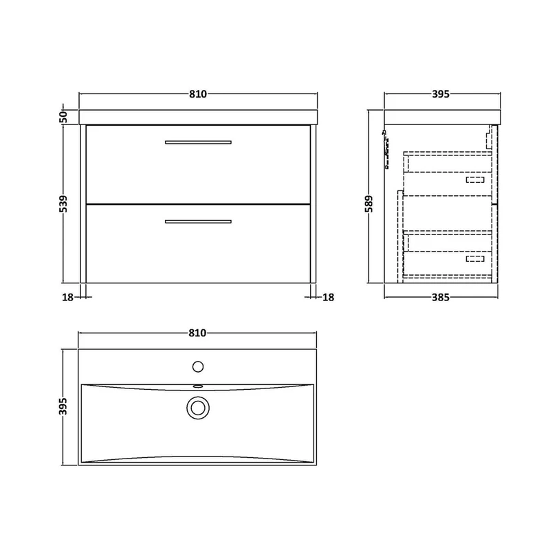 Hudson Reed Juno 800mm Wall Hung 2 Drawer Vanity & Basin 3 Contemp Metallic Slate MFC Textured Matt 589x810x395mm