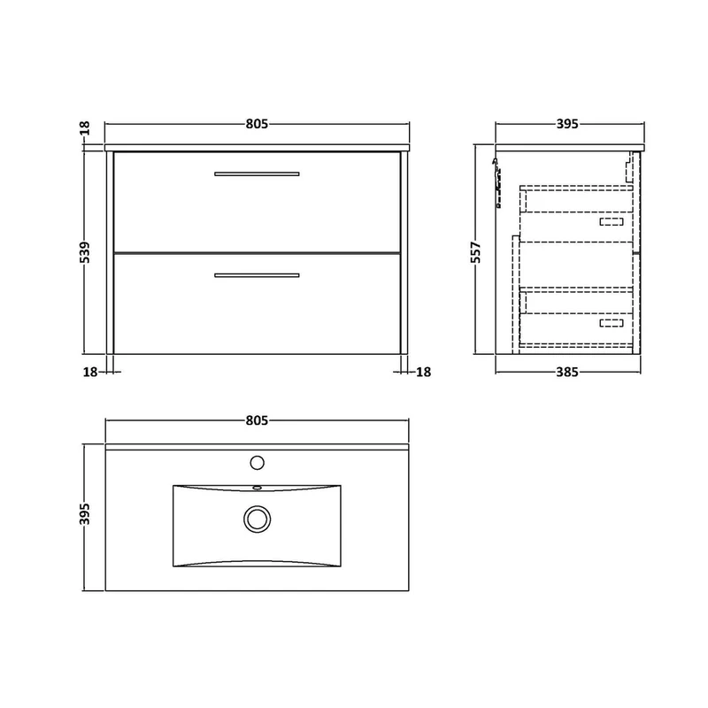 Hudson Reed Juno 800mm Wall Hung 2 Drawer Vanity & Basin 2 Contemp Metallic Slate MFC Textured Matt 554x800x390mm