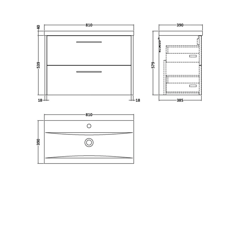 Hudson Reed Juno 800mm Wall Hung 2 Drawer Vanity & Basin 1 Contemp Metallic Slate MFC Textured Matt 579x810x390mm