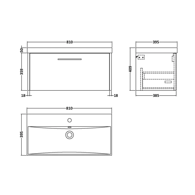 Hudson Reed Juno 800mm Wall Hung 1 Drawer Vanity & Basin 3 Contemp Metallic Slate MFC Textured Matt 409x810x395mm