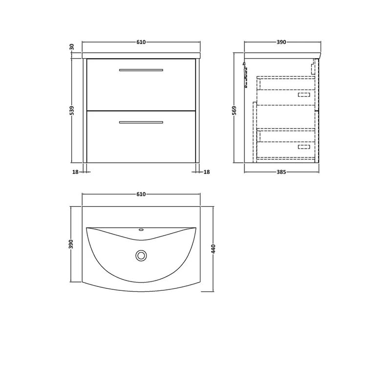 Hudson Reed Juno 600mm Wall Hung 2 Drawer Vanity & Basin 4 Contemp Metallic Slate MFC Textured Matt 569x610x440mm