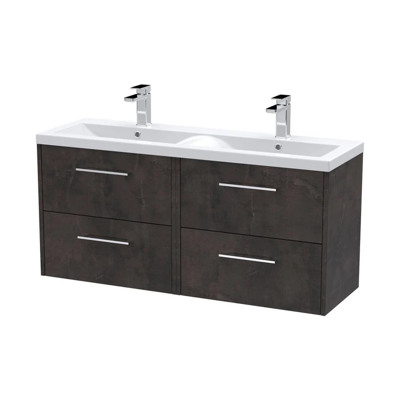 Hudson Reed Juno 1200mm Wall Hung 4 Drawer Vanity & Double Basin Contemp Metallic Slate MFC Textured Matt 539x1205x390mm - JNU2624F