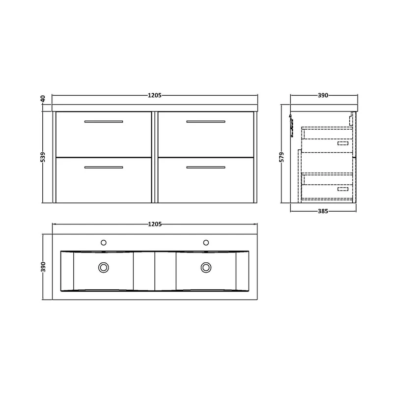 Hudson Reed Juno 1200mm Wall Hung 4 Drawer Vanity & Double Basin Contemp Metallic Slate MFC Textured Matt 539x1205x390mm - JNU2624F