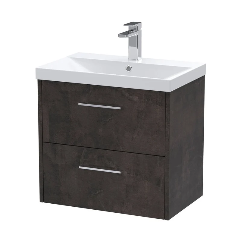 Hudson Reed Juno 600mm Wall Hung 2 Drawer Vanity & Basin 3 Contemp Metallic Slate MFC Textured Matt 589x610x395mm