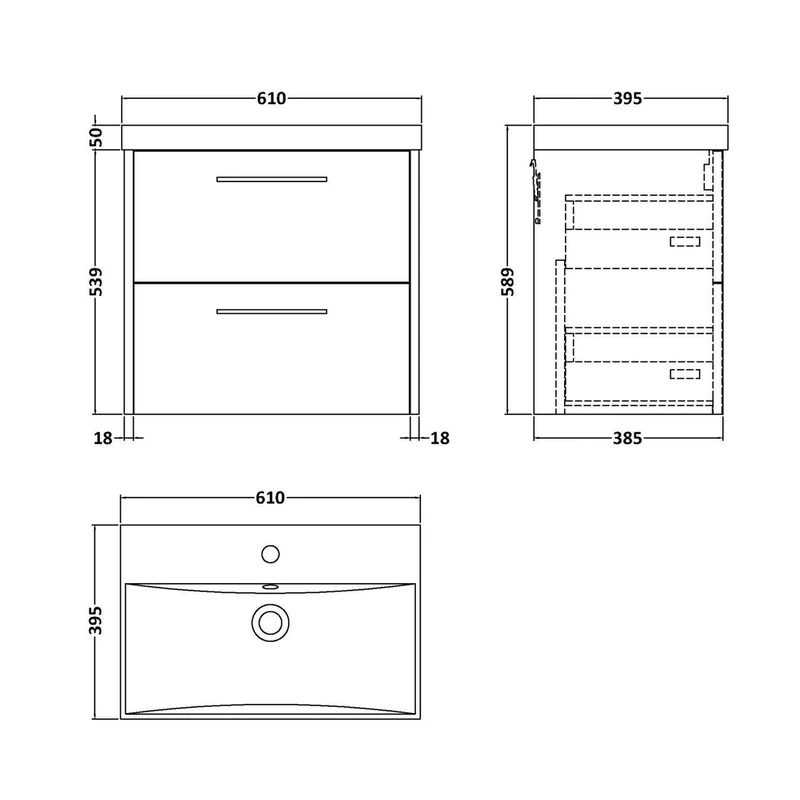 Hudson Reed Juno 600mm Wall Hung 2 Drawer Vanity & Basin 3 Contemp Metallic Slate MFC Textured Matt 589x610x395mm