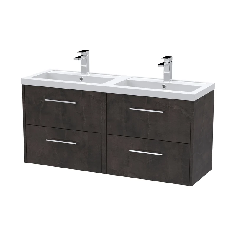 Hudson Reed Juno 1200mm Wall Hung 4 Drawer Vanity & Double Basin Contemp Metallic Slate MFC Textured Matt 539x1205x390mm - JNU2624C