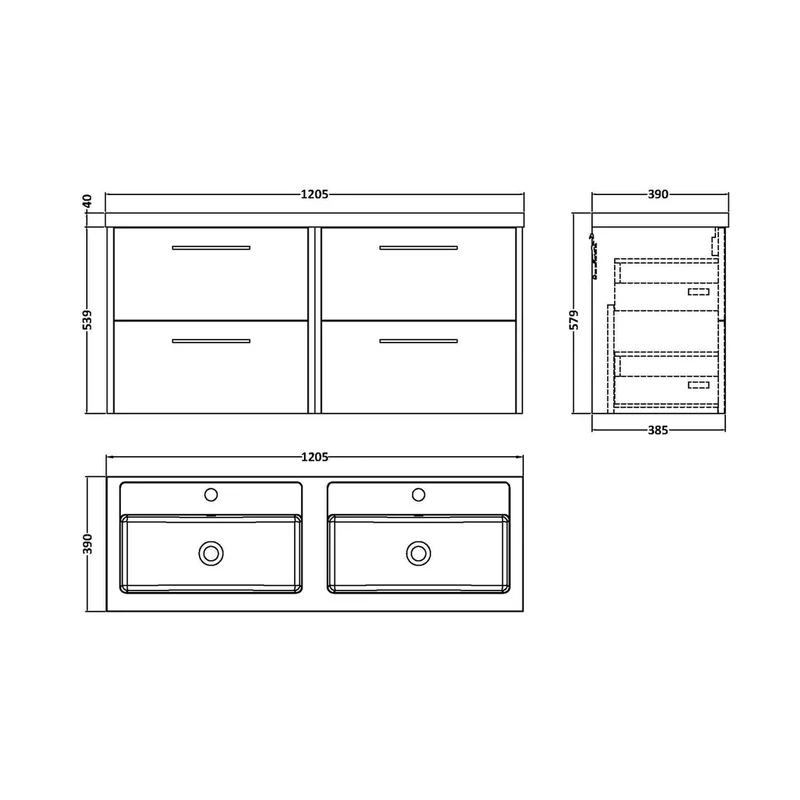 Hudson Reed Juno 1200mm Wall Hung 4 Drawer Vanity & Double Basin Contemp Metallic Slate MFC Textured Matt 539x1205x390mm - JNU2624C