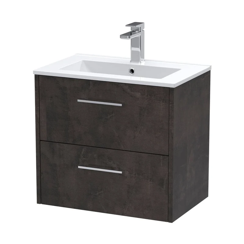 Hudson Reed Juno 600mm Wall Hung 2 Drawer Vanity & Basin 2 Contemp Metallic Slate MFC Textured Matt 557x600x390mm