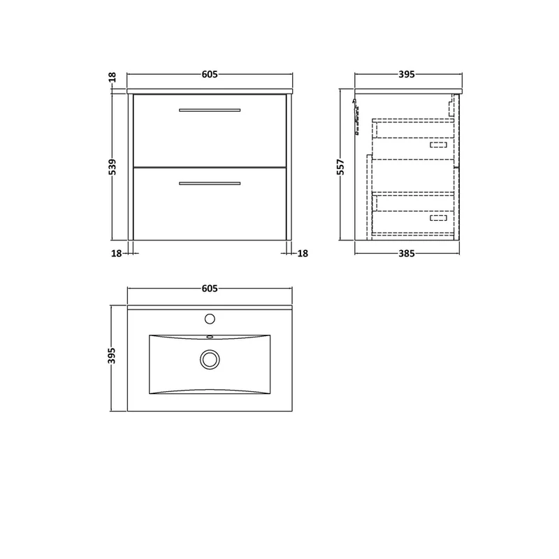 Hudson Reed Juno 600mm Wall Hung 2 Drawer Vanity & Basin 2 Contemp Metallic Slate MFC Textured Matt 557x600x390mm