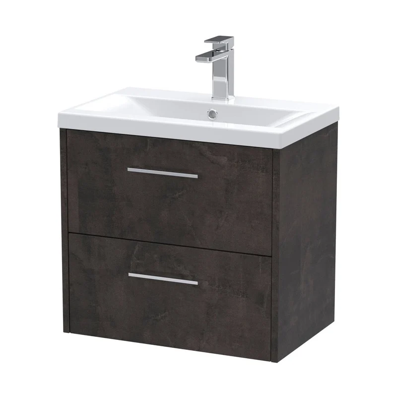 Hudson Reed Juno 600mm Wall Hung 2 Drawer Vanity & Basin 1 Contemp Metallic Slate MFC Textured Matt 579x610x390mm