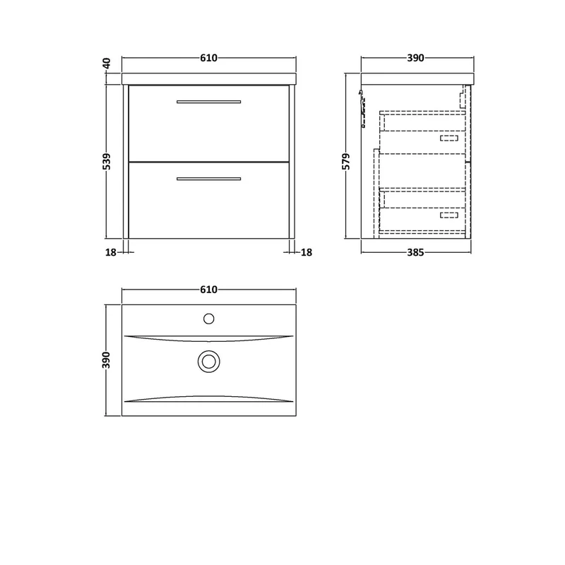 Hudson Reed Juno 600mm Wall Hung 2 Drawer Vanity & Basin 1 Contemp Metallic Slate MFC Textured Matt 579x610x390mm