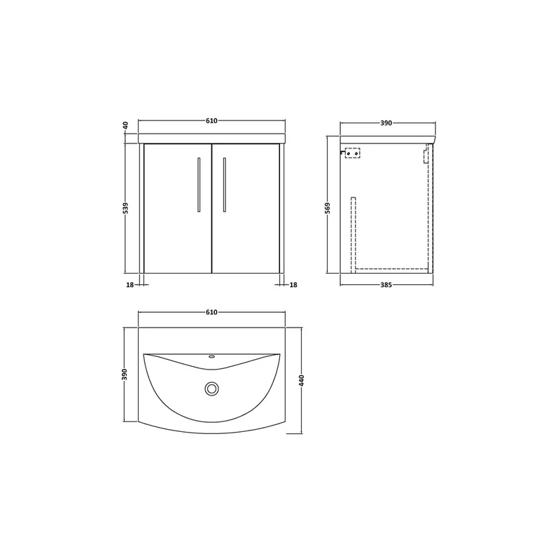 Hudson Reed Juno 600mm Wall Hung 2 Door Vanity & Basin 4 Contemp Metallic Slate MFC Textured Matt 569x610x440mm