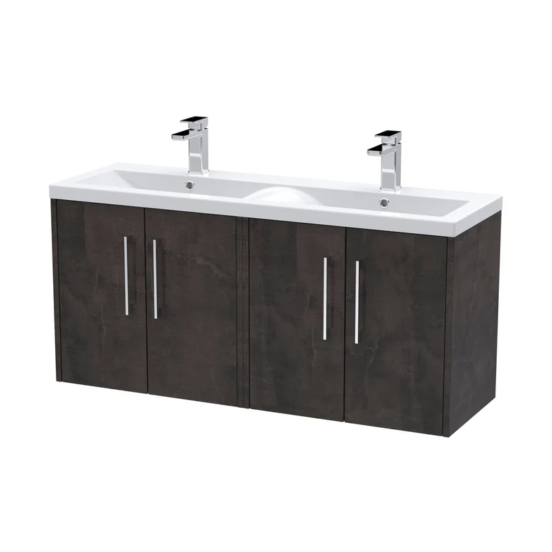 Hudson Reed Juno 1200mm Wall Hung 4 Door Vanity & Double Basin Contemp Metallic Slate MFC Textured Matt 539x1205x390mm - JNU2623F