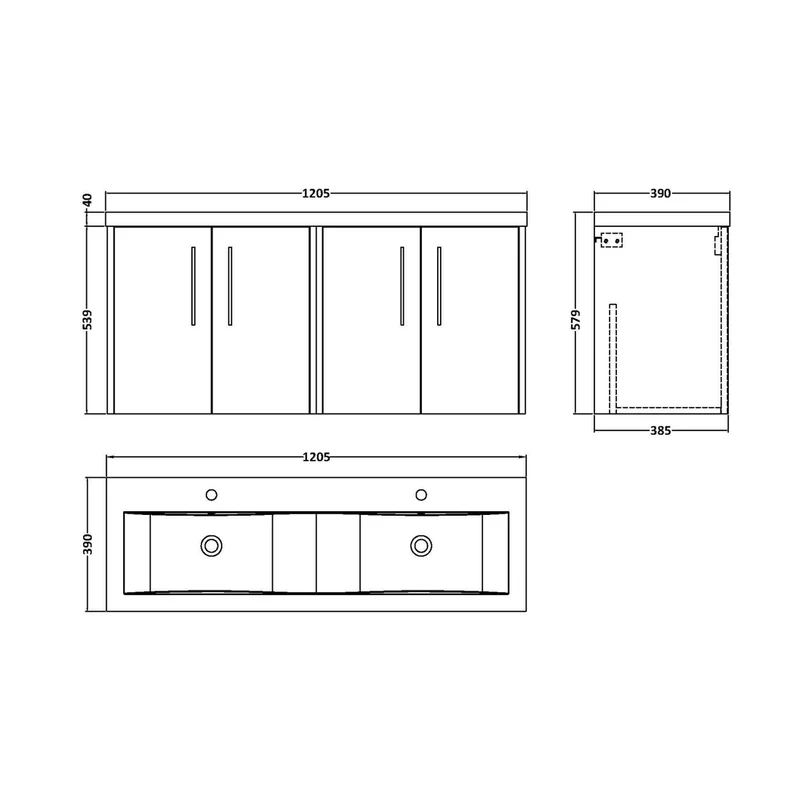 Hudson Reed Juno 1200mm Wall Hung 4 Door Vanity & Double Basin Contemp Metallic Slate MFC Textured Matt 539x1205x390mm - JNU2623F