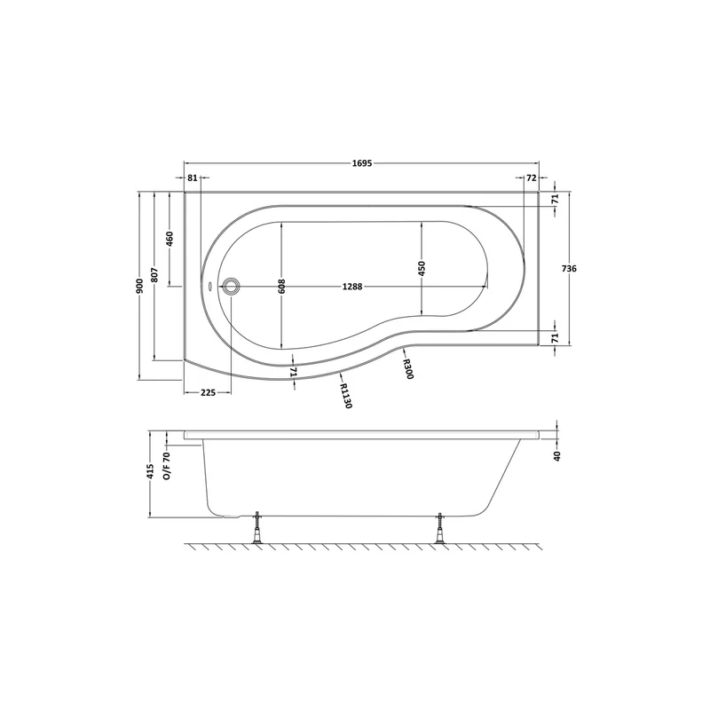 Nuie Shower Baths 1700mm Left Hand B-shaped Bath Contemporary White Acrylic 415x900x415mm