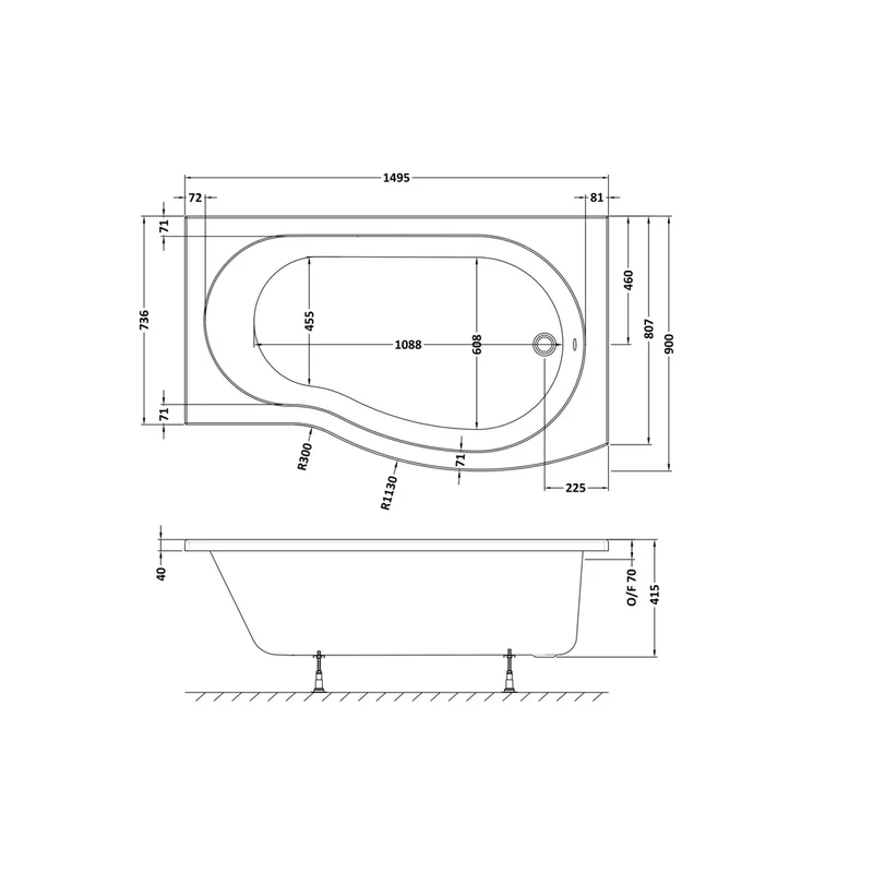 Nuie Shower Baths 1500mm Right Hand B-shaped Bath Contemporary White Acrylic 415x900x415mm