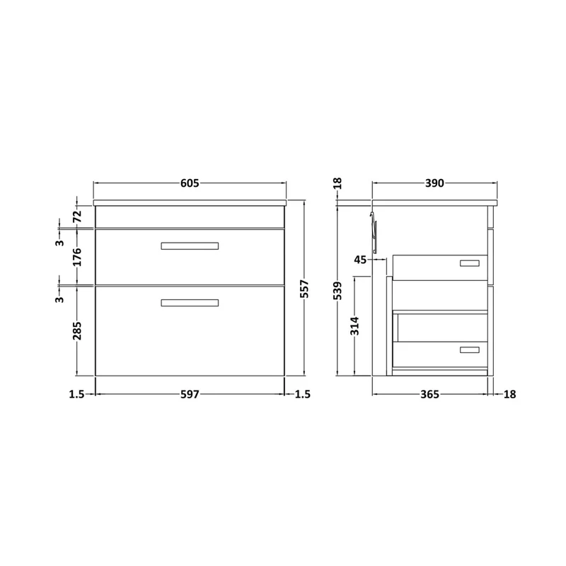 Nuie Athena 600mm Wall Hung Cabinet With Worktop Contemporary Gloss Grey MFC Painted Gloss 557x810x390mm