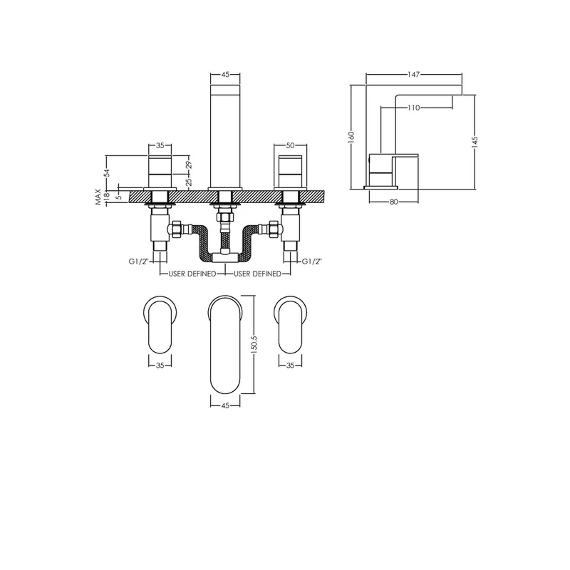 Nuie Binsey Deck Mounted 3 Tap Hole Basin Mixer With Pop Up Waste Contemporary Chrome Brass 160x235x147mm