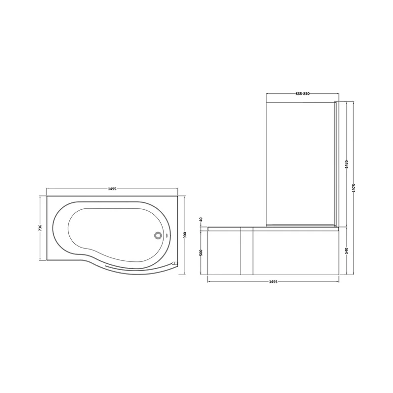 Nuie Shower Baths 1500mm B Shaped Right Hand Bath Set Contemporary White Acrylic,aluminium