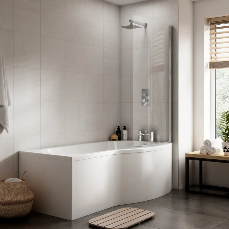 Nuie Shower Baths 1700mm B Shaped Right Hand Bath Set Contemporary White Acrylic,aluminium