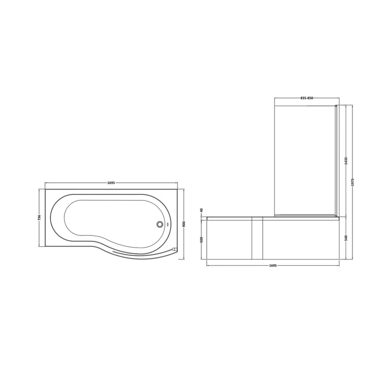 Nuie Shower Baths 1700mm B Shaped Right Hand Bath Set Contemporary White Acrylic,aluminium