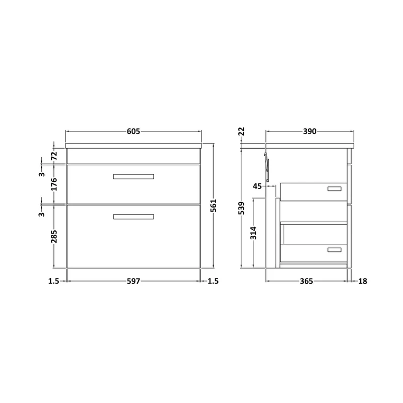 Nuie Athena 600mm Wall Hung Cabinet With Grey Worktop Contemporary Gloss Grey MFC Painted Gloss 578x605x390mm