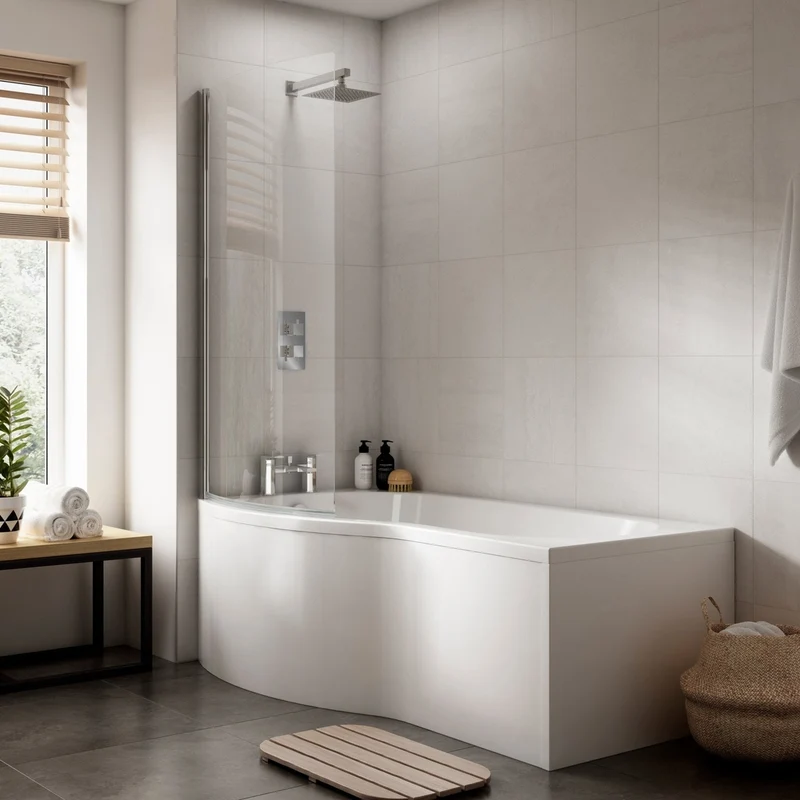 Nuie Shower Baths 1700mm B Shaped Left Hand Bath Set Contemporary White Acrylic,aluminium