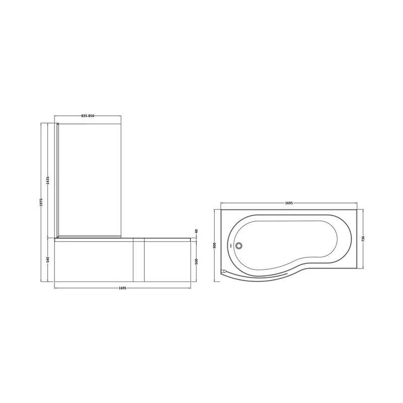 Nuie Shower Baths 1700mm B Shaped Left Hand Bath Set Contemporary White Acrylic,aluminium