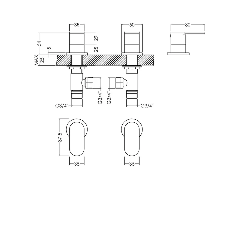 Nuie Binsey 3/4" Side Valves Contemporary Chrome Brass 54x35x80mm