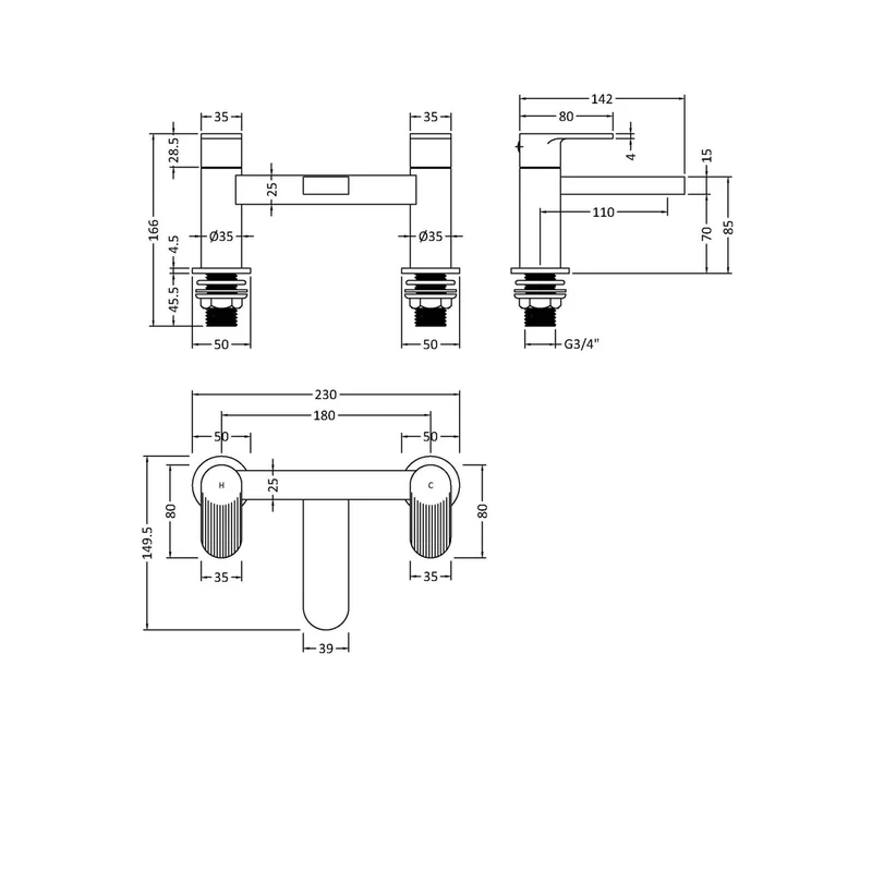 Nuie Cyprus Deck Mounted Bath Filler Contemporary Chrome Brass 116x230x142mm