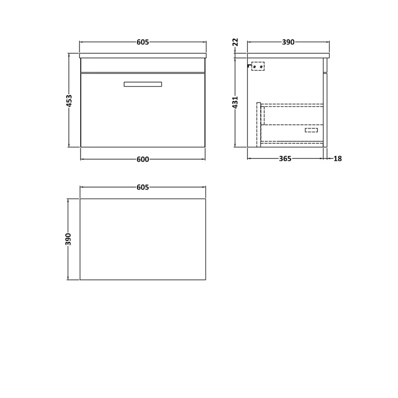 Nuie Athena 600 Wall Hung Single Drawer Unit & Laminate Worktop Contemporary Gloss Grey MFC Painted Gloss 452x605x390mm
