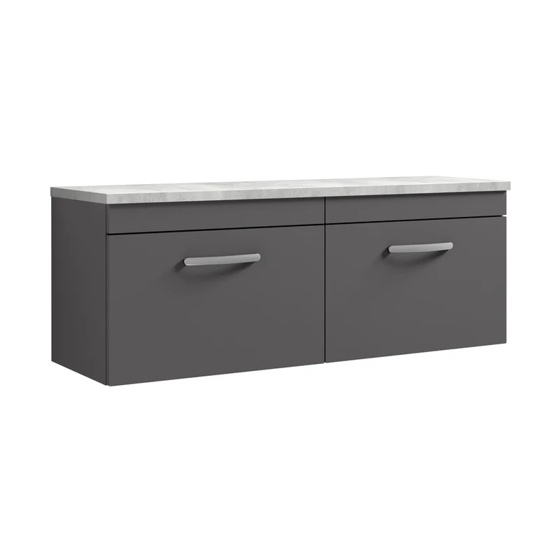 Nuie Athena 1200mm Wall Hung 2-drawer Unit & Laminate Worktop Contemporary Gloss Grey MFC Painted Gloss 452x1205x390mm - ATH077LBG2