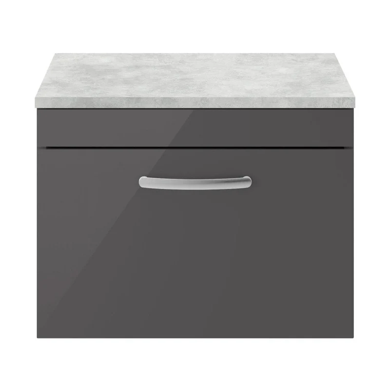 Nuie Athena 600mm Wall Hung Cabinet With Grey Worktop Contemporary Gloss Grey MFC Painted Gloss 452x605x390mm