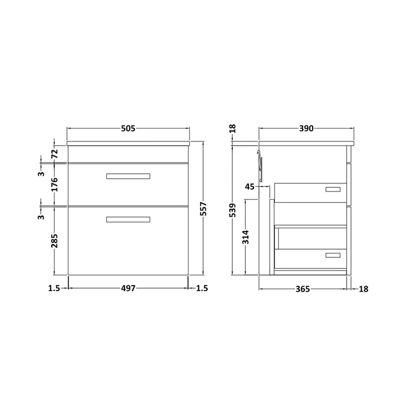 Nuie Athena 500mm Wall Hung Cabinet With Worktop Contemporary Gloss Grey MFC Painted Gloss 505x505x390mm