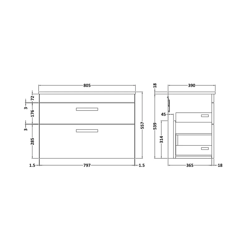 Nuie Athena 800mm Wall Hung Vanity With Worktop Contemporary Gloss White MFC Painted Gloss 556x805x390mm