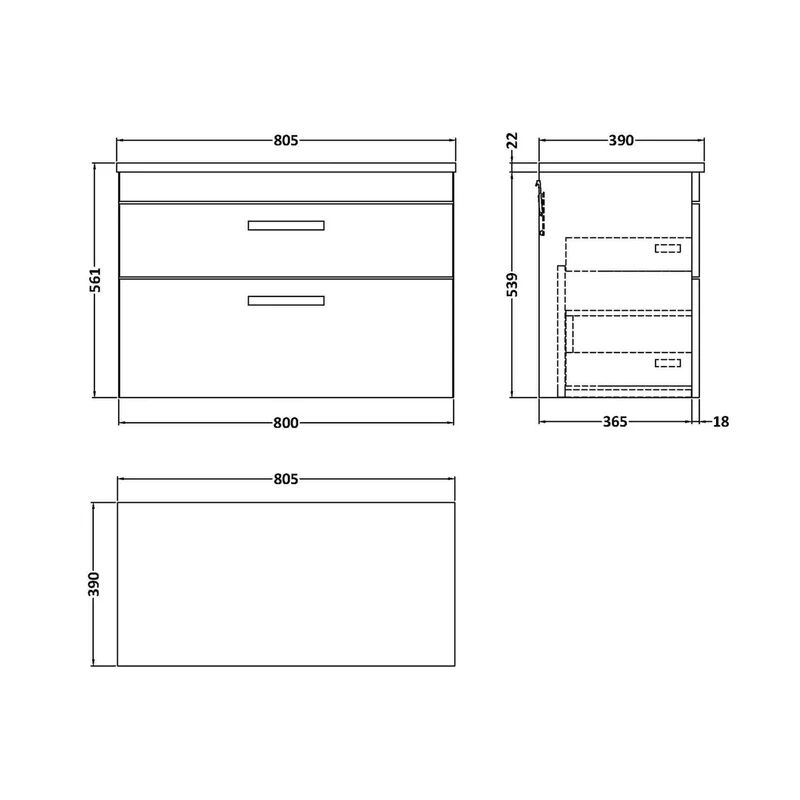 Nuie Athena 800 Wall Hung 2-drawer Unit & Laminate Worktop Contemporary Gloss White MFC Painted Gloss 560x805x390mm