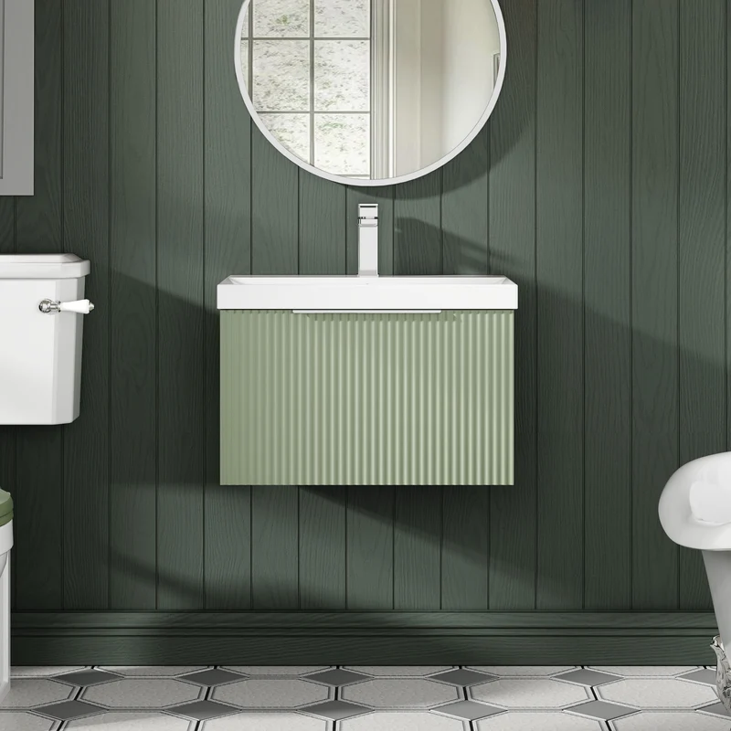 Hudson Reed Fluted Wall Hung 600mm Vanity Unit With 1 Drawer & Ceramic Basin - Satin Green