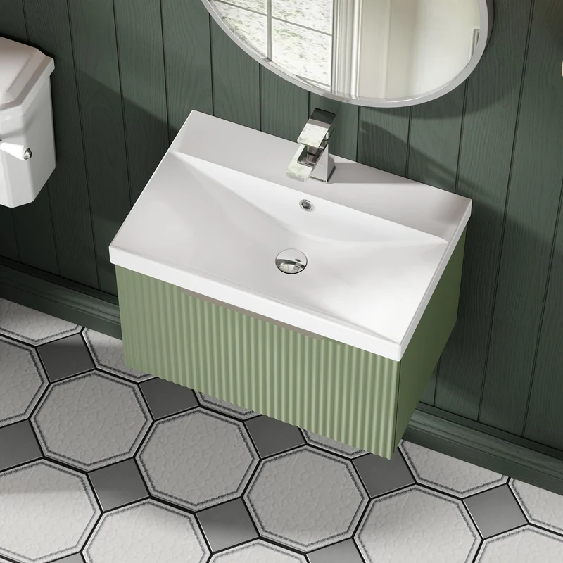 Hudson Reed Fluted Wall Hung 600mm Vanity Unit With 1 Drawer & Ceramic Basin - Satin Green