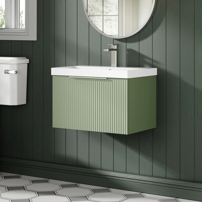 Hudson Reed Fluted Wall Hung 600mm Vanity Unit With 1 Drawer & Ceramic Basin - Satin Green