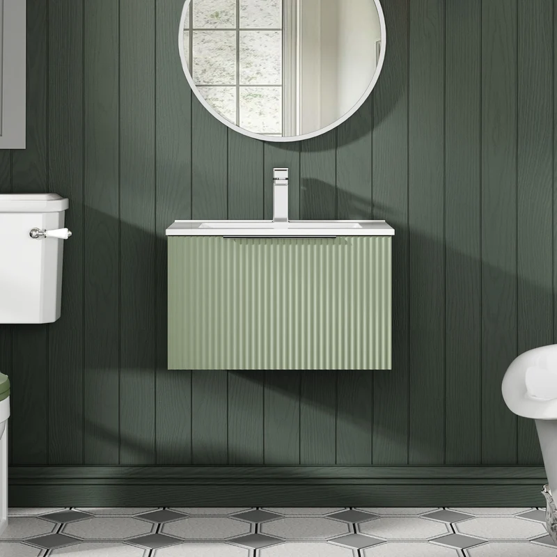 Hudson Reed Fluted Wall Hung 600mm Vanity Unit With 1 Drawer & Ceramic Basin - Satin Green